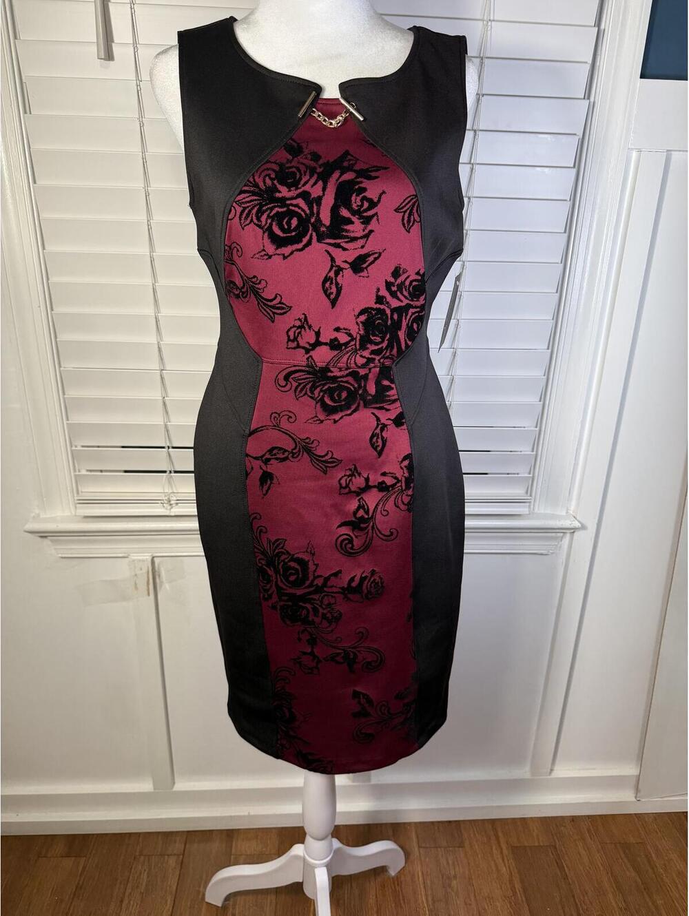 Enfocus Studio Burgundy Black Velvet Rose Cocktail Sheath Dress Size 10